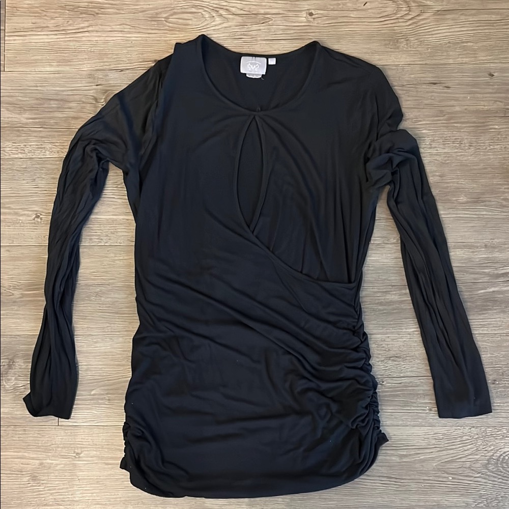 Anthropologie Black Peep Hole Ruched Long Sleeve Blouse